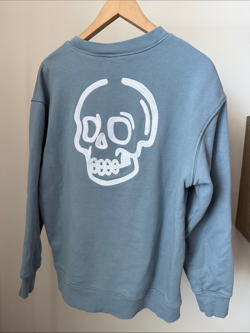 Zara  Blue Sweatshirt with White Skull Graphic Size L